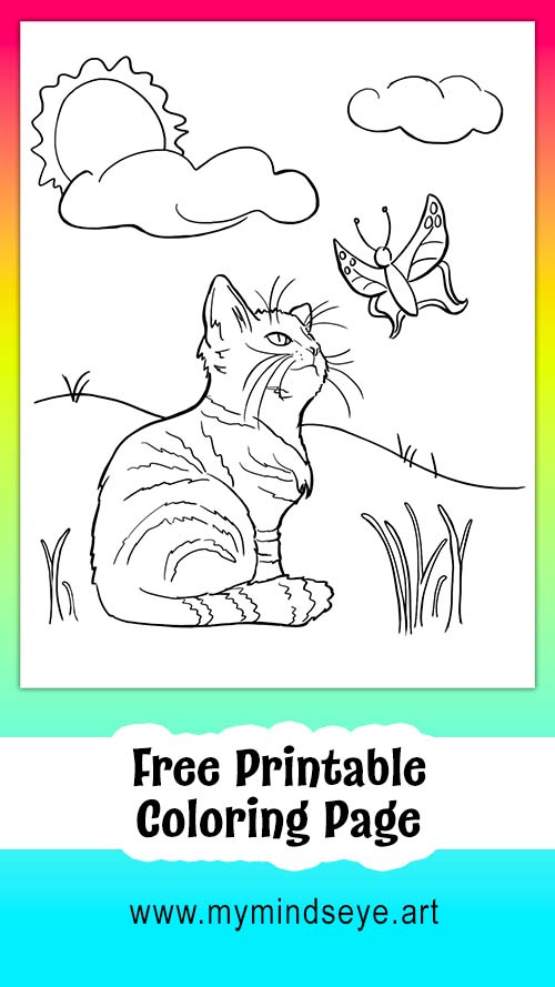 Kitten and butterfly coloring page c