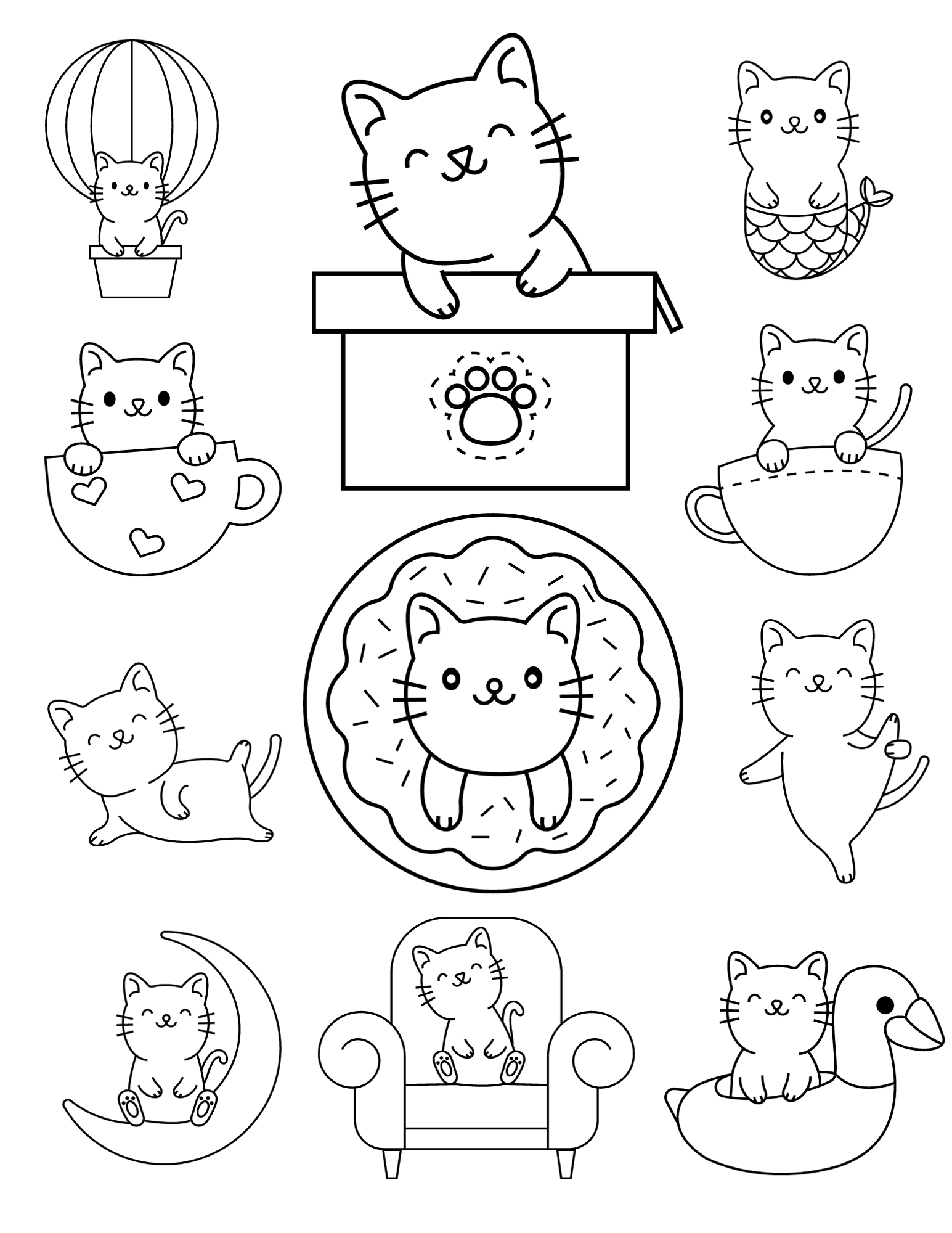 Cute kitten coloring pages for kids and adults