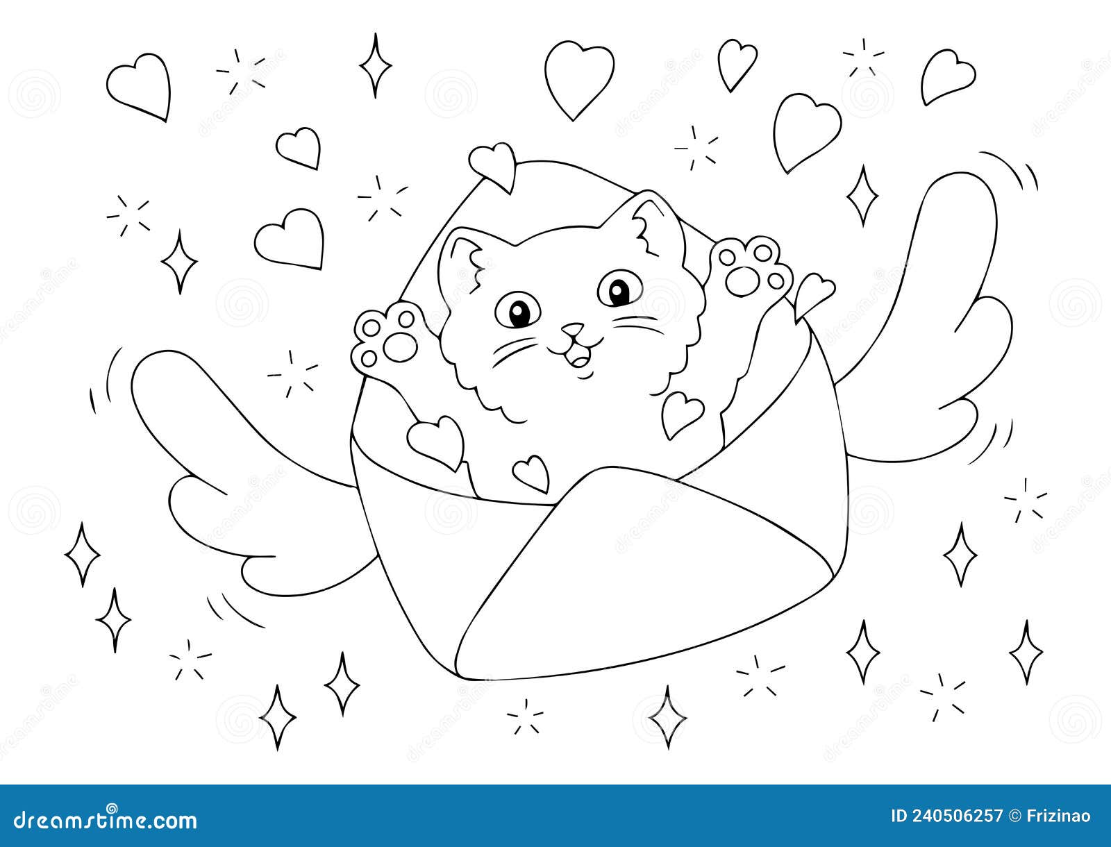 A cute kitten flies in an envelope with hearts coloring book page for kids valentines day cartoon style character stock vector