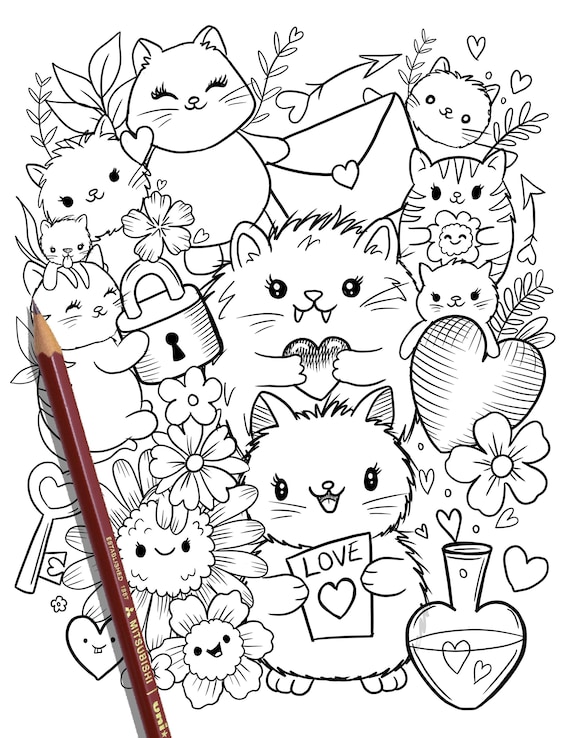 Printable cute kitty cats coloring page hand