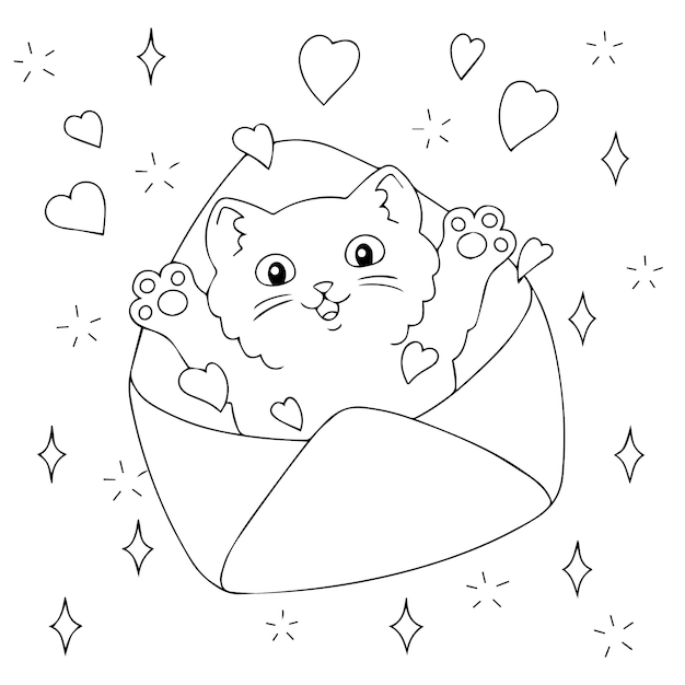 Premium vector the kitten jumps out of the envelope coloring book page for kids valentines day cartoon style character vector illustration isolated on white background