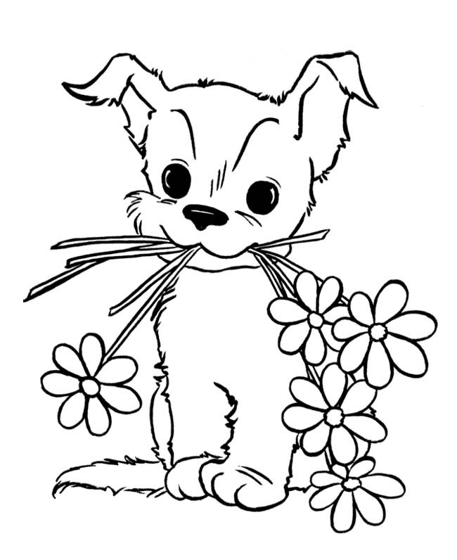 Coloring pages puppy with beautiful flowers