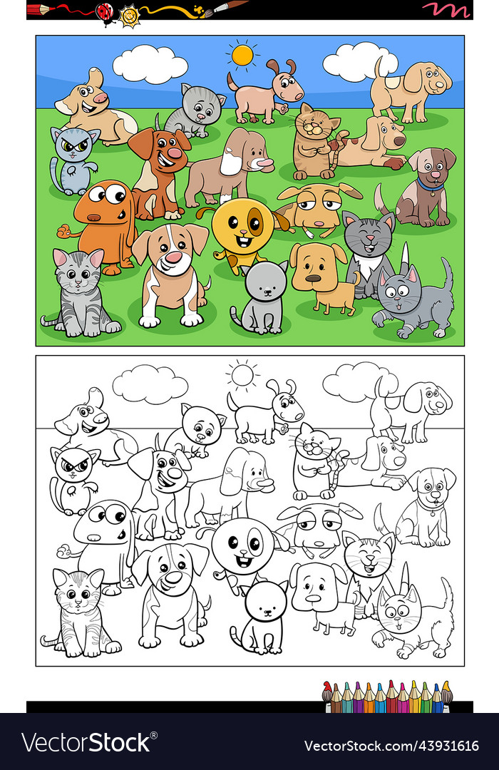 Cartoon puppies and kittens group coloring page vector image