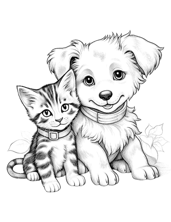 Five cute kitten and puppy coloring sheets for instant download