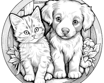 Five cute kitten and puppy coloring sheets for instant download