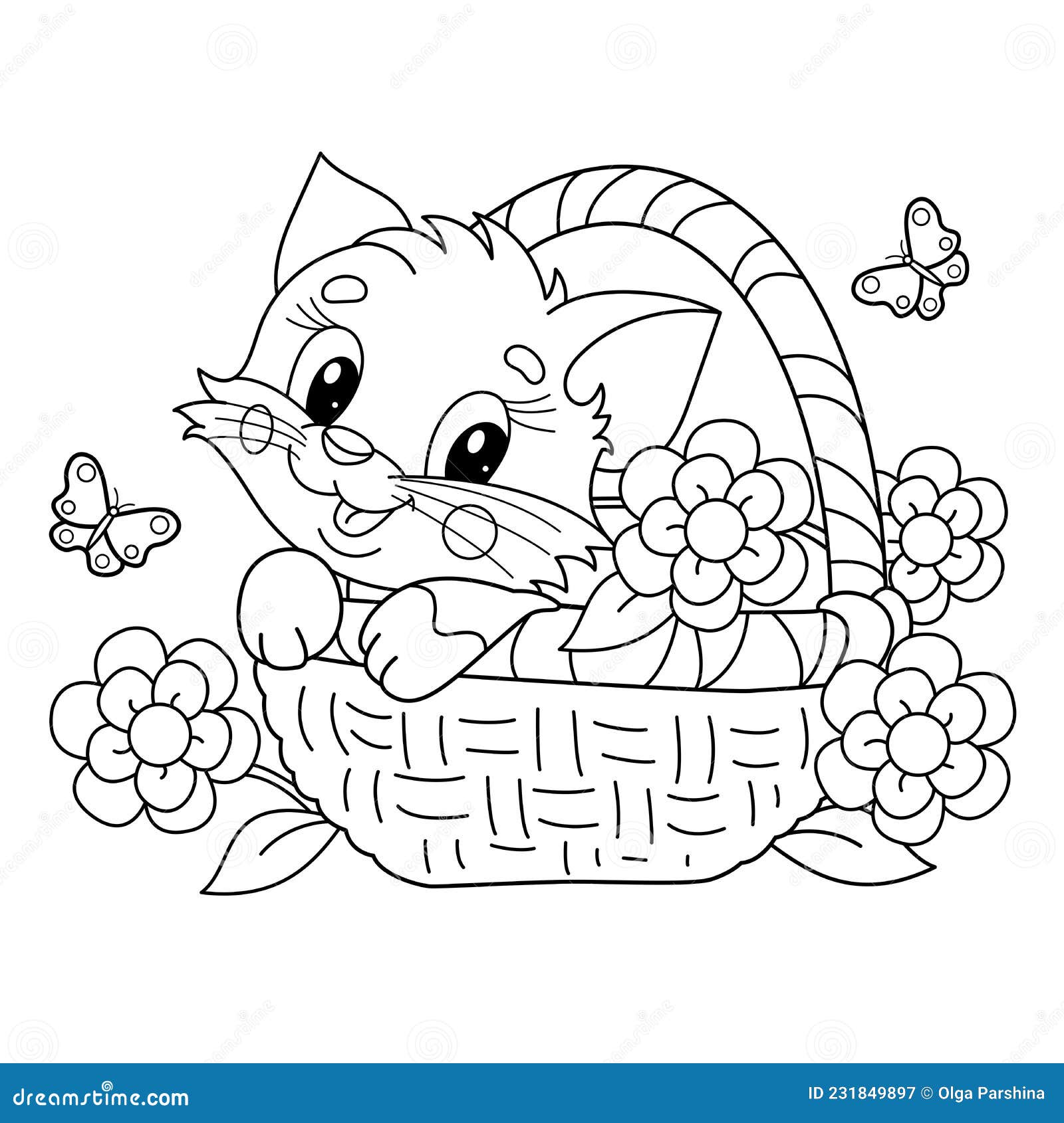 Coloring page outline of cartoon little cat in flower basket fluffy gift cute kitten pet stock vector