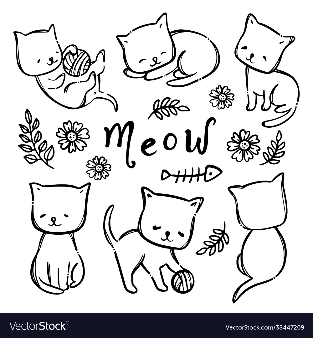 Coloring page kitty cat hand drawn sketch vector image