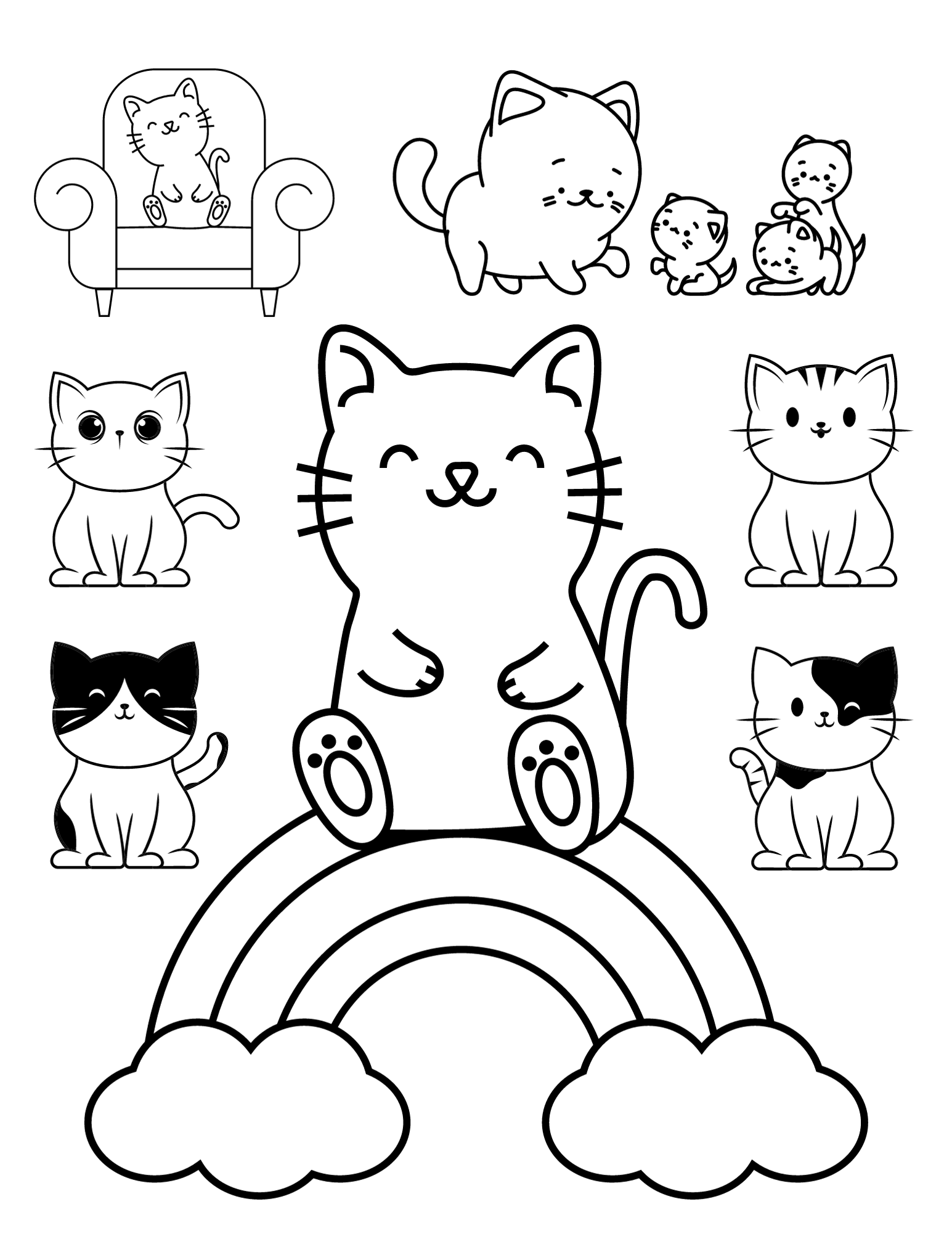 Cute kitten coloring pages for kids and adults