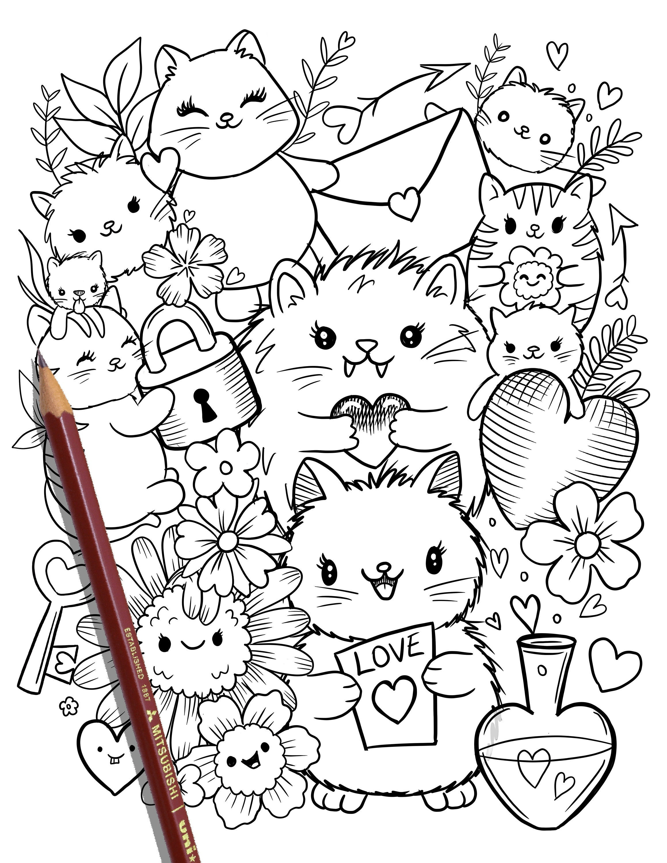 Printable cute kitty cats coloring page hand