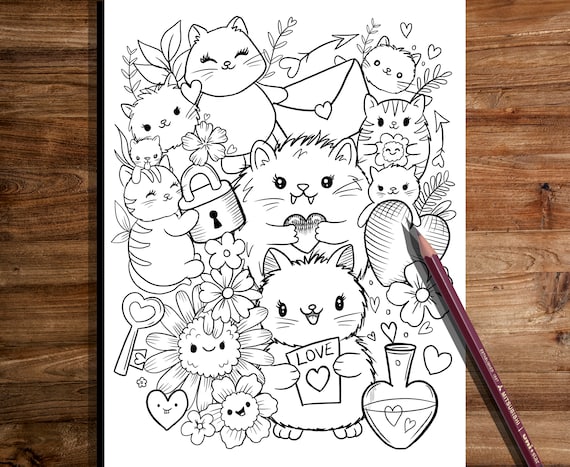 Printable cute kitty cats coloring page hand