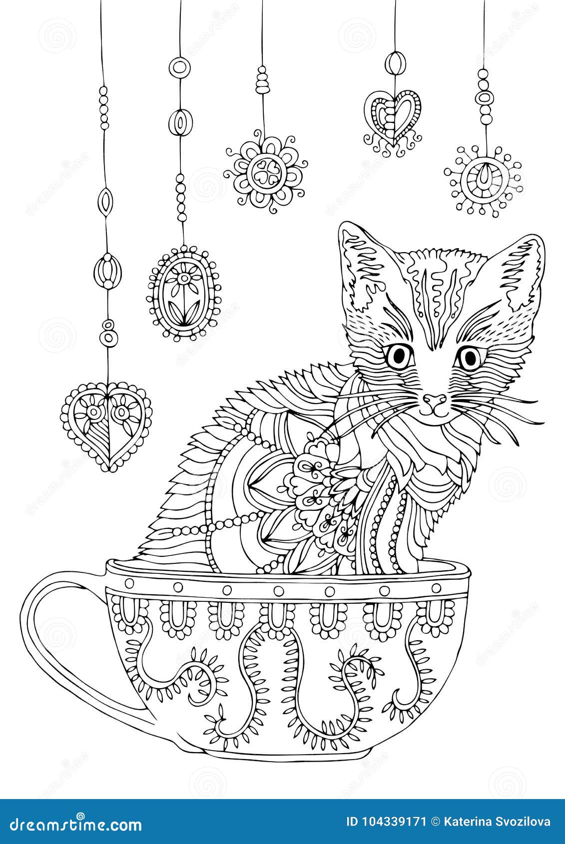 Kitty in cup with garland hand drawn cat sketch for anti