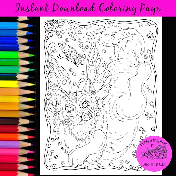 Kitty fairy spring coloring page instant download ready to color spring coloring for all ages fantasy coloring page