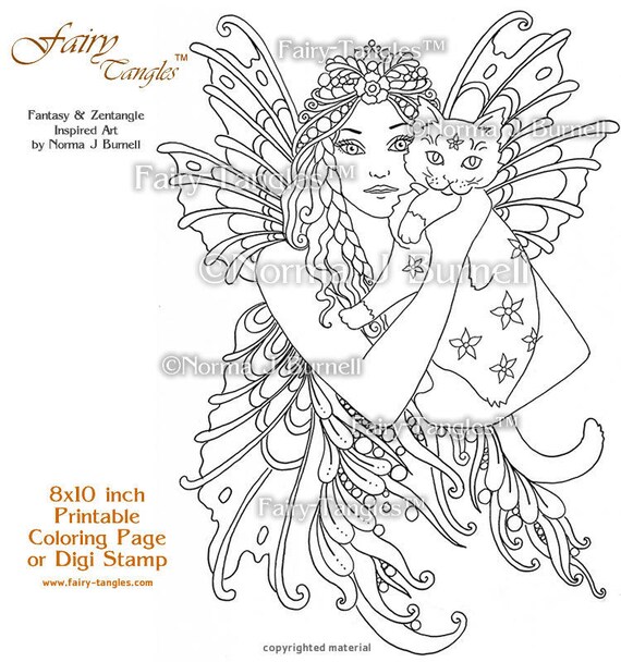 Kitty love fairy tangles printable coloring pages norma burnell fairies to color digital coloring book sheets fairy cat coloring for adults