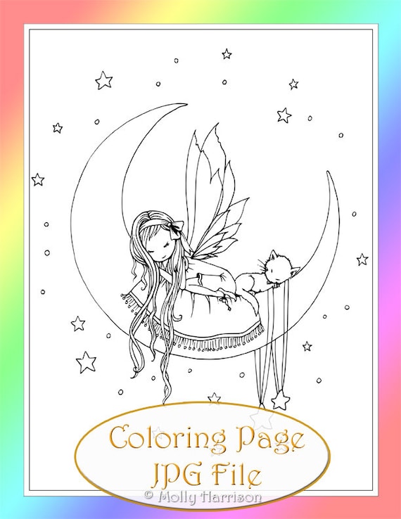 Sleepy fairy and kitty on crescent moon instant download