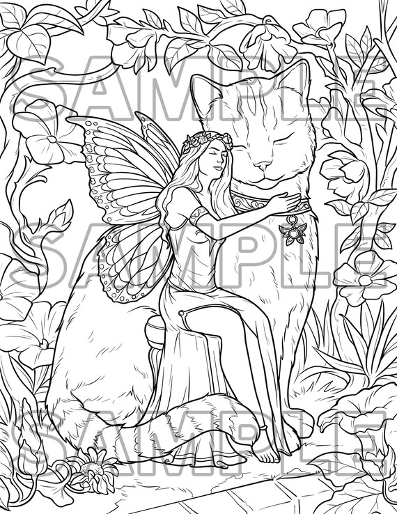 Fairy with her kitty cat coloring page