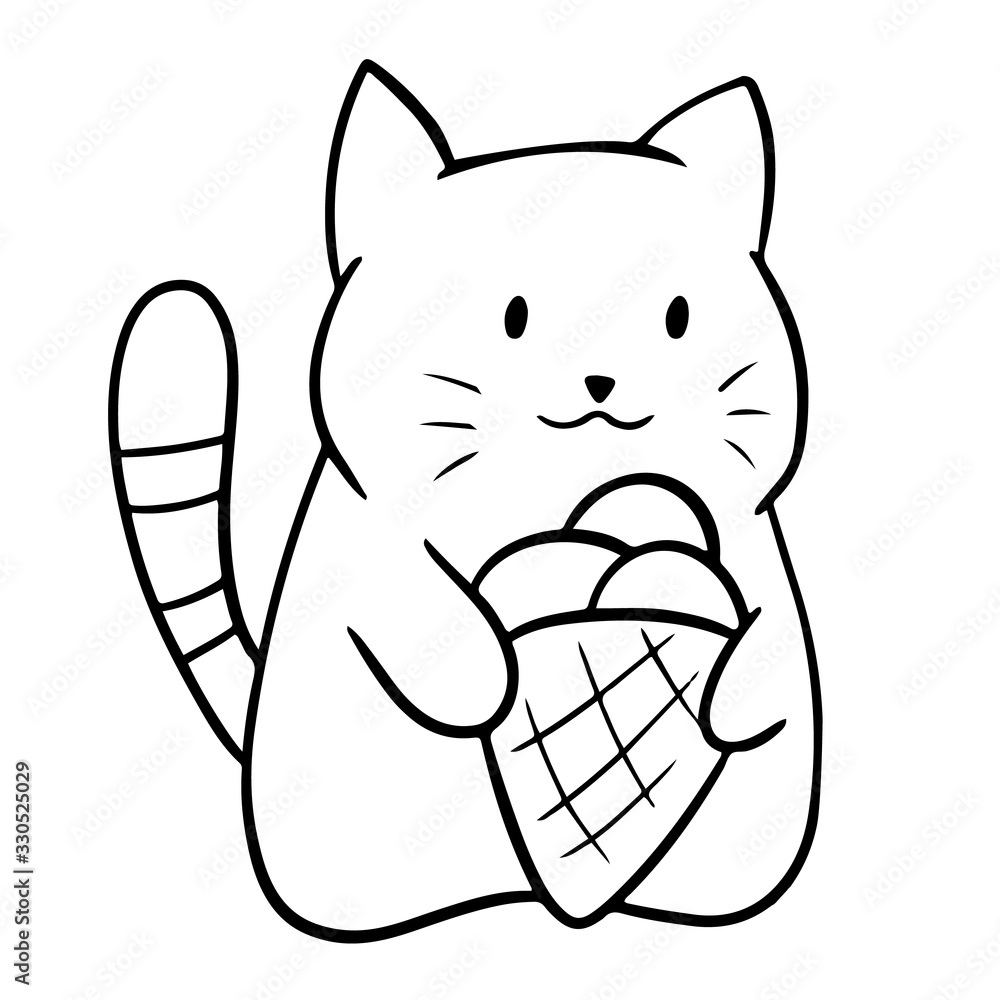 Hand drawn doodle cat with ice cream cute kawaii vector character coloring page vector