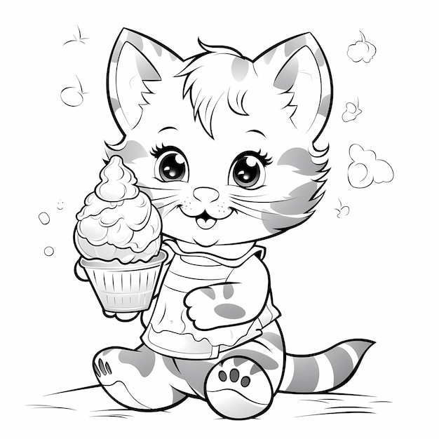 Premium ai image pawsome ice cream adventure cute cat coloring page in cartoon style printable