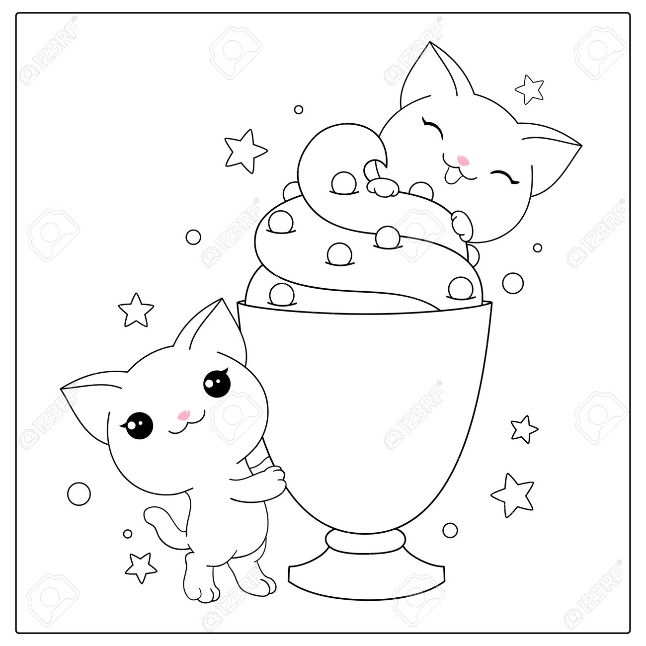 Black and white pattern for coloring kawaii coloring page with cute kittens two lovely cats with milk shake coloring book for children and adults vector illustration eps royalty free svg cliparts vectors