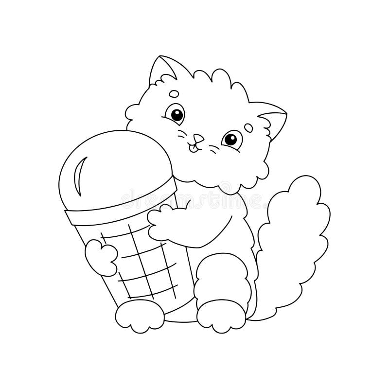 A cute fluffy cat holds delicious appetizing ice cream in its paws coloring book page for kids cartoon style stock vector