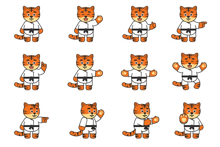 Cute karate tiger mascot hand gestures set