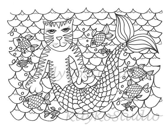 Mermaid cat coloring page digital instant download pdf