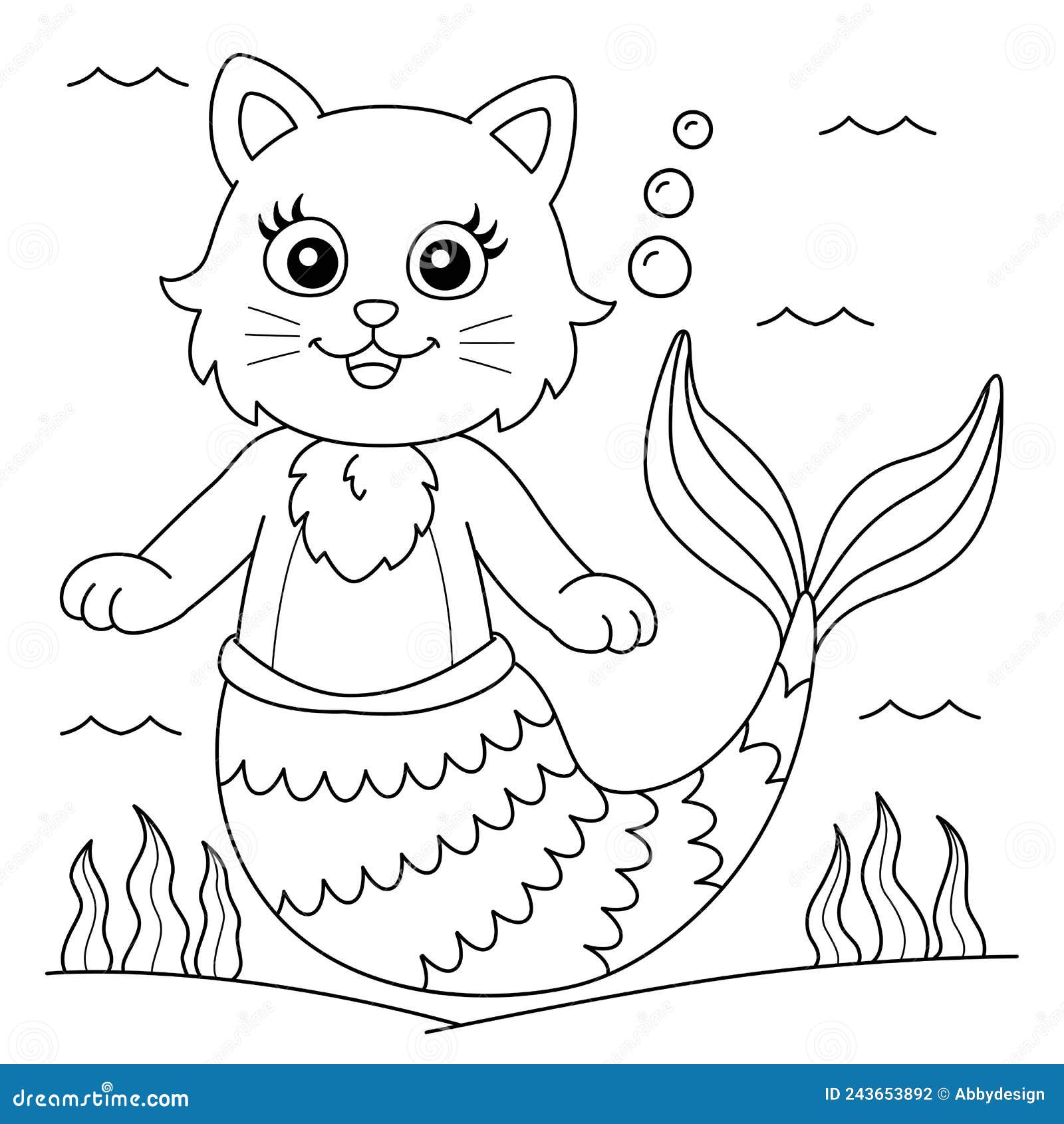 Cat mermaid coloring page for kids stock vector