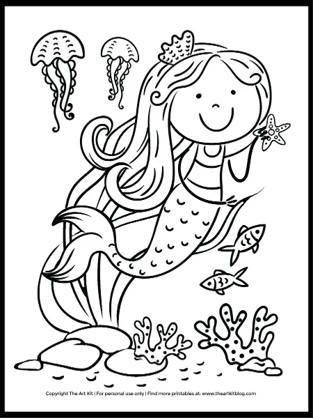 Cute mermaid girl with mermaid cat coloring page free printable â the art kit