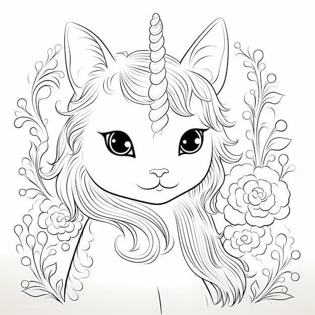 Premium ai image whiskers and wonder realistic style unicorn cat coloring page
