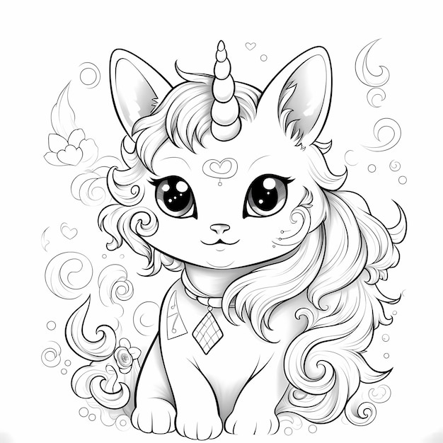 Premium ai image enchanting kitty unicorn cat coloring book page for all ages