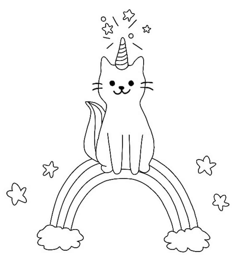 Unicorn cat and rainbow coloring page