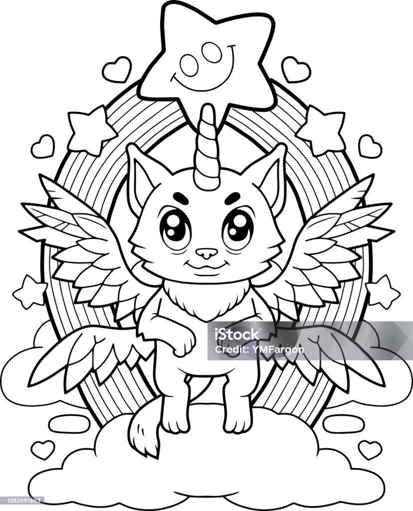 Cute cat unicorn coloring book funny illustration stock illustration