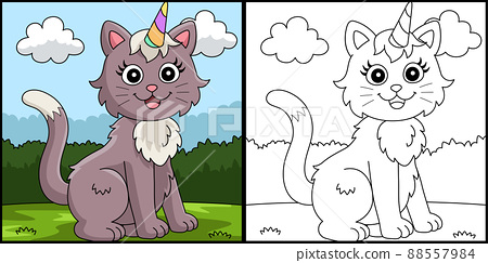 Cat unicorn coloring page colored illustration