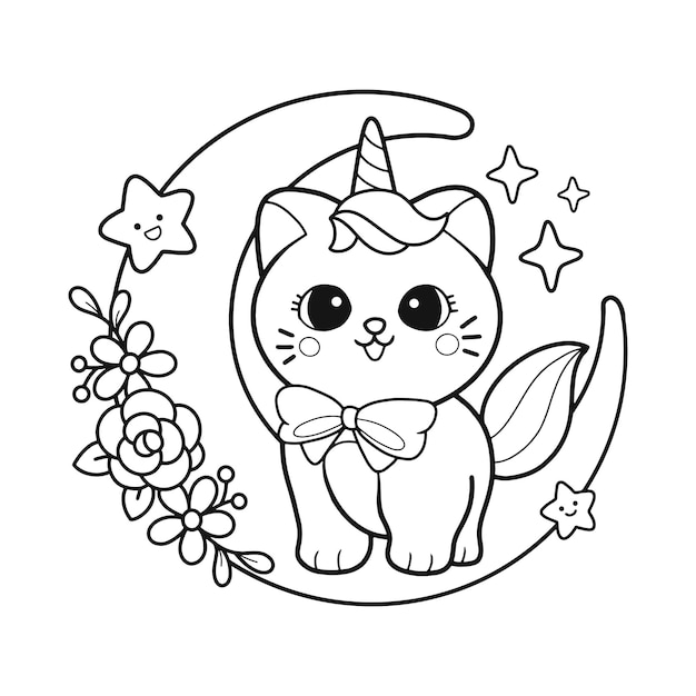 Premium vector cute cat unicorn on the crescent moon hand drawn coloring page
