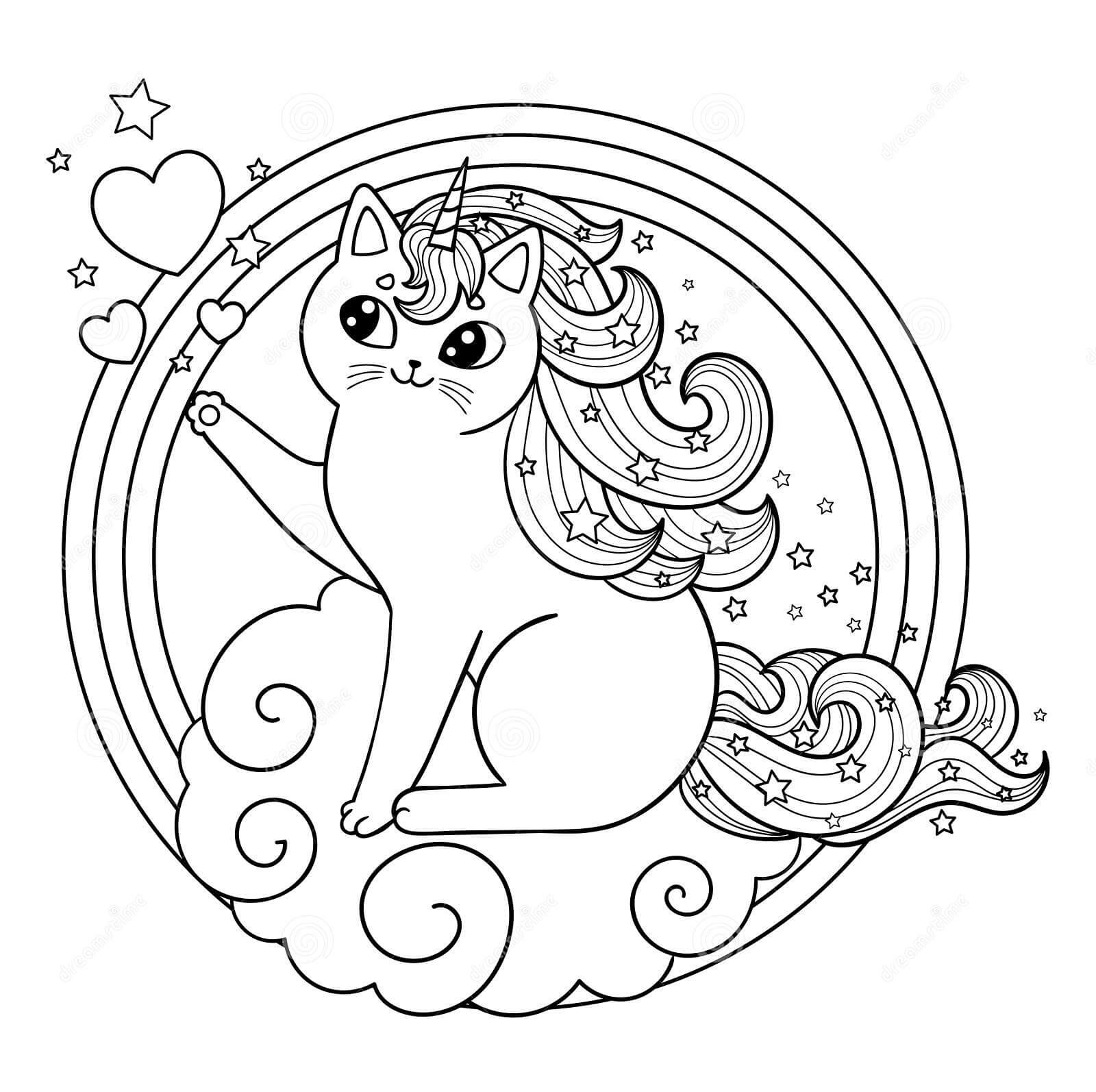 Cat unicorn sitting on cloud coloring page