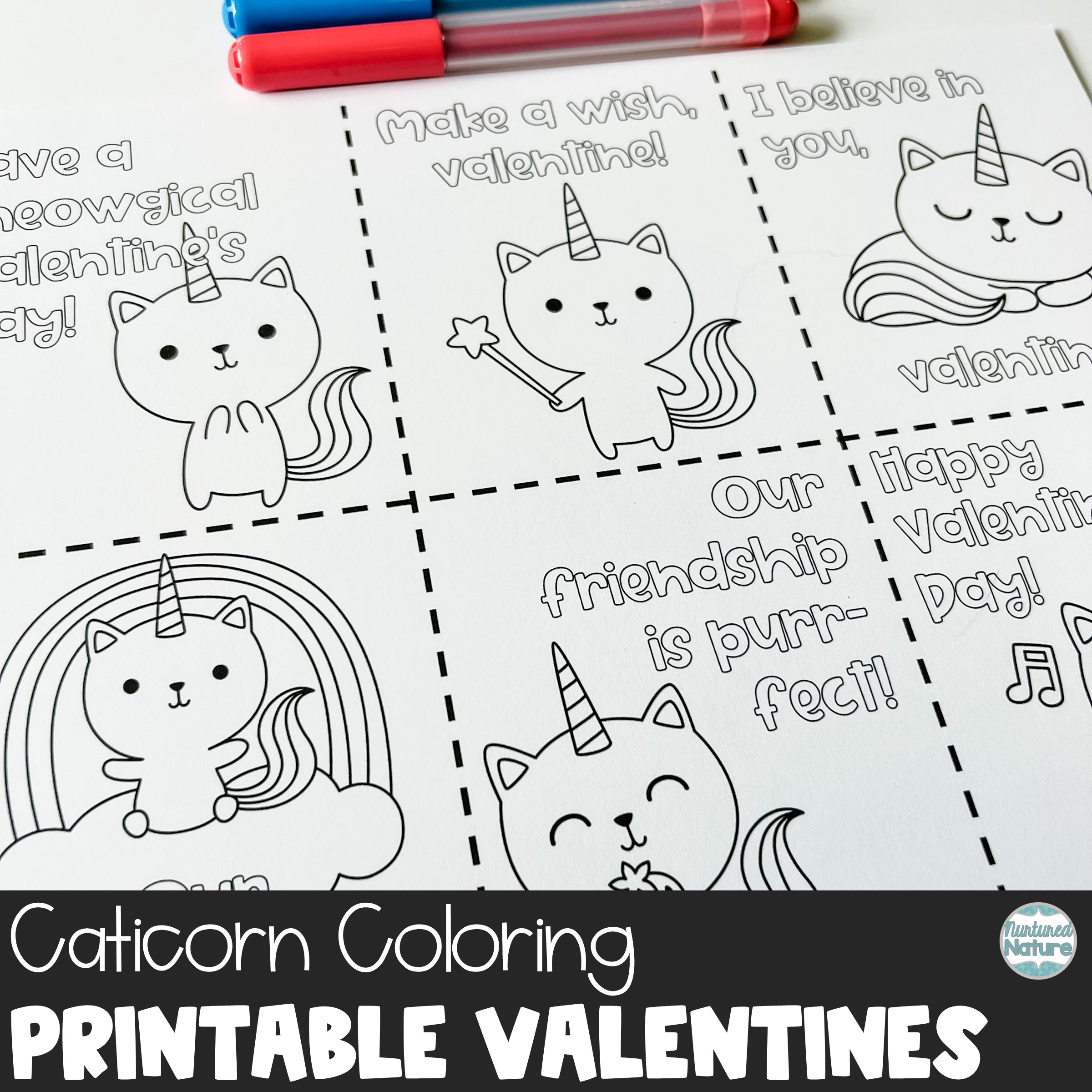 Kittycorn coloring valentines day cards for students