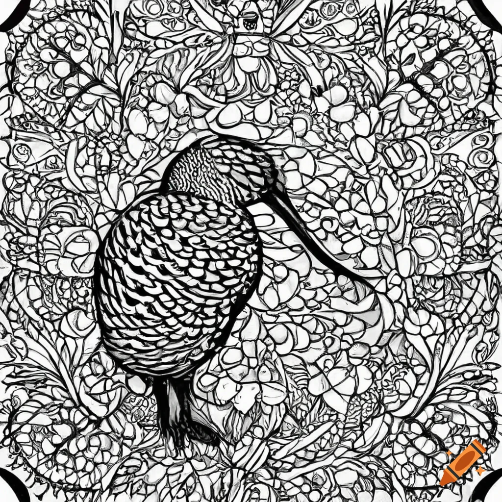 Black and white mindfullness coloring page of a kiwi bird on