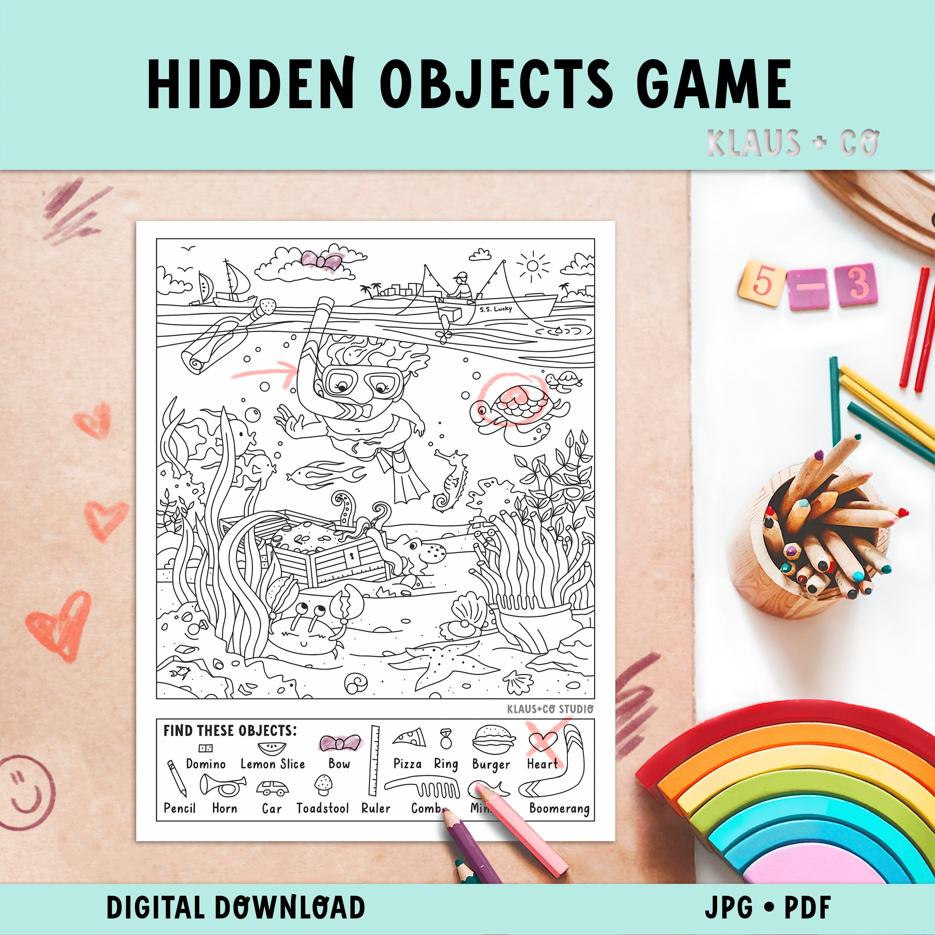 Color and find hidden object coloring page printable activity page download now