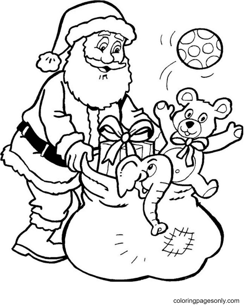 Santa claus collecting the toys coloring page