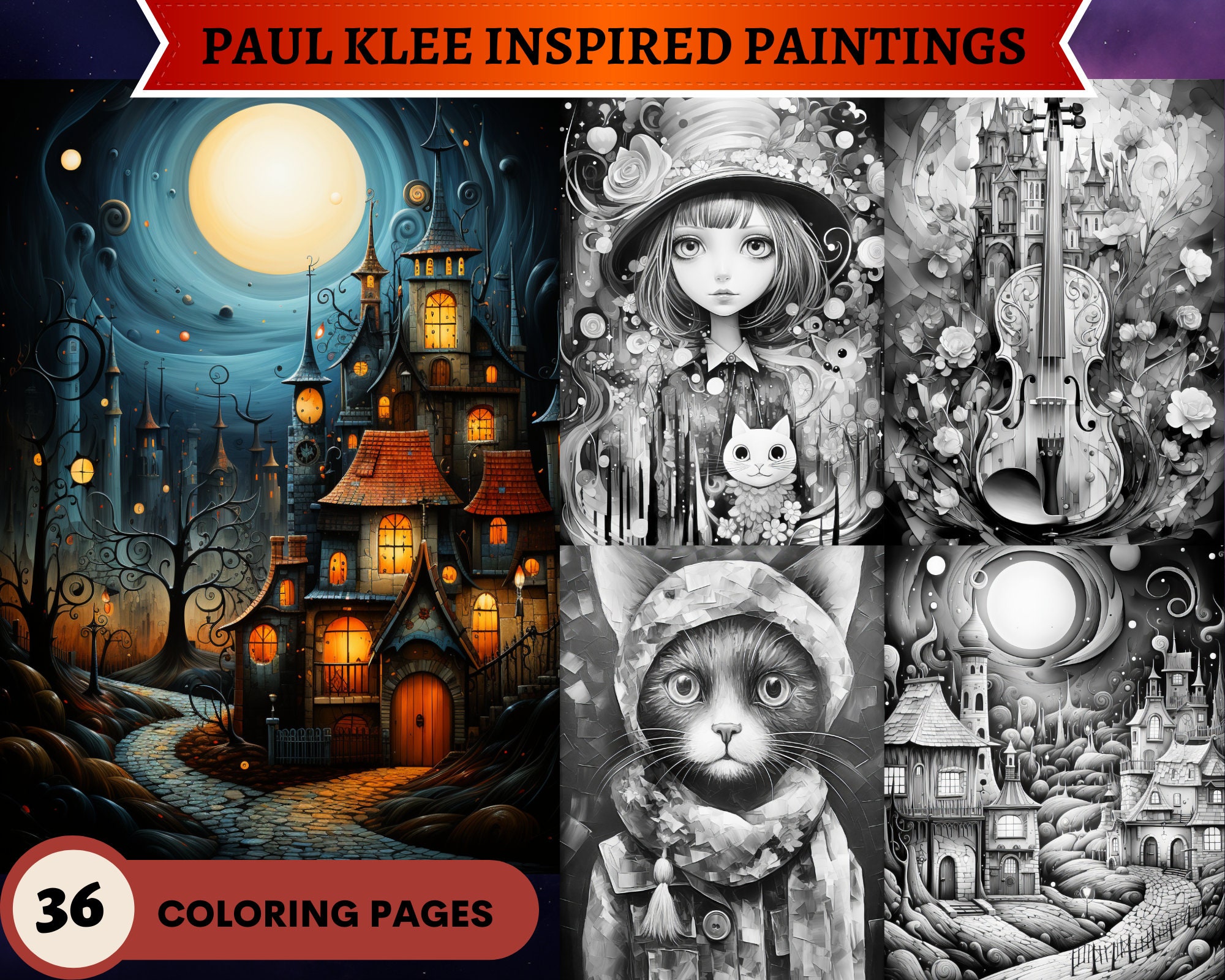 Paul klee inspired paintings grayscale coloring pages famous painters coloring pages printable pdf instant download