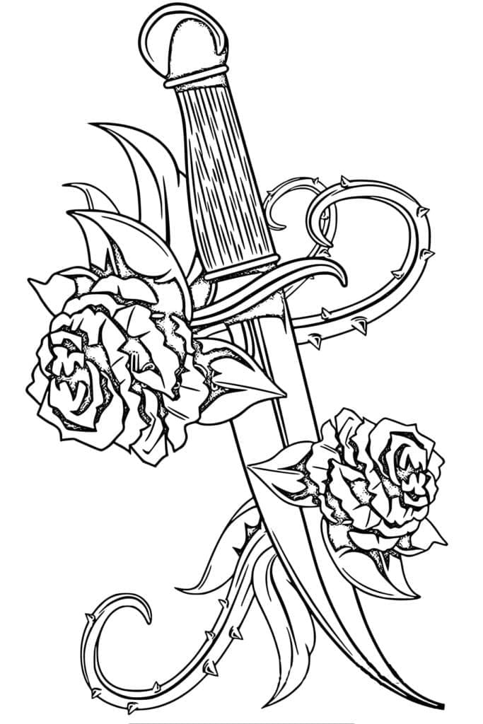 Knife and flowers tattoo coloring page