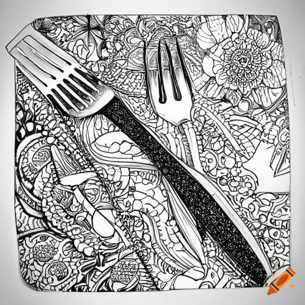 Adult coloring book outline black and white fork spoon knife on