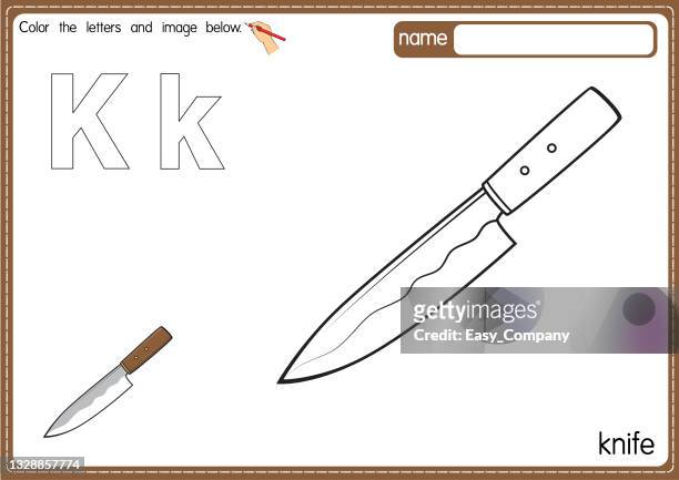 Vector illustration of kids alphabet coloring book page with outlined clip art to color letter k for knife high