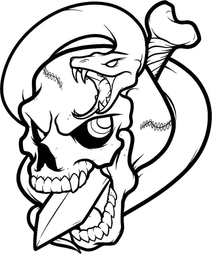 Skull with knife coloring page