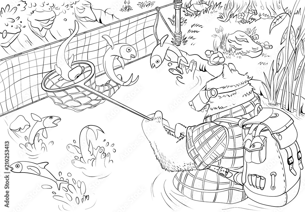 Coloring page for children with outline characters a satisfied bear dressed as a fisherman fishing in a river line art drawing to color in black and white illustration