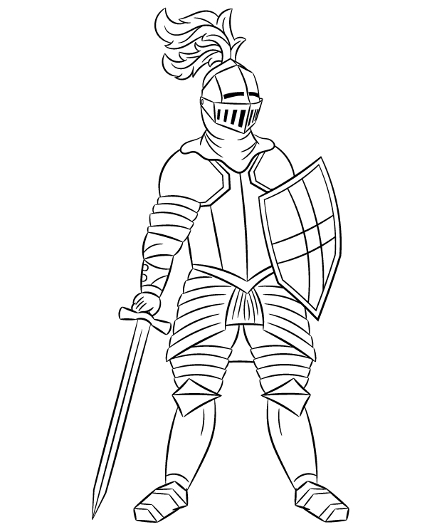 Coloring page of a knight with a sword