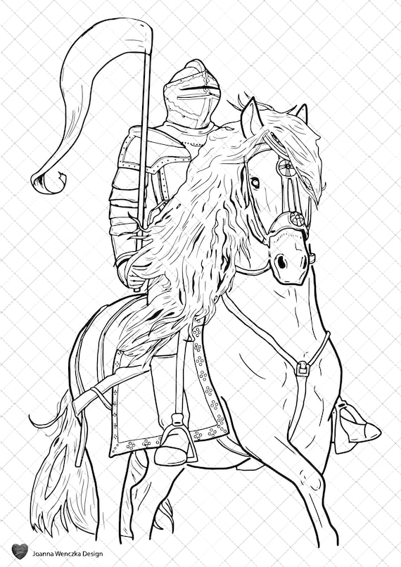 Knight colouring page printable knight on horse coloring page for adults children instant download knight armour knight art templar