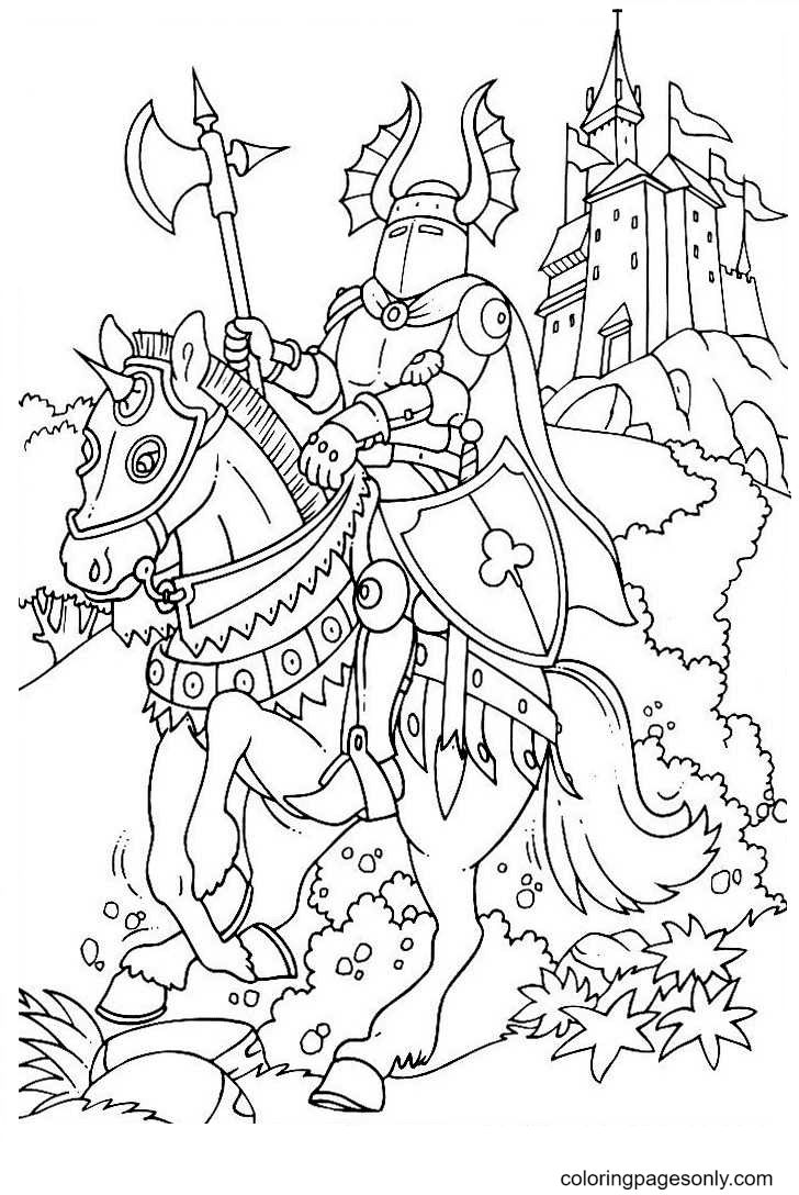 Knight holding a battle ax on horseback coloring pages