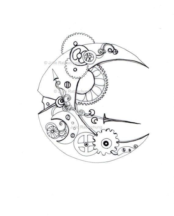 Steampunk moon coloring pagedigital coloring pageprintable moon coloring pageadult coloringblack and white lineart