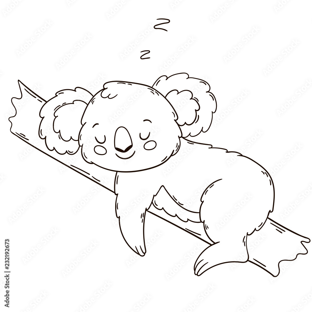 Cute australian koala bear sleeping on a tree black and white outline illustration coloring book page vector