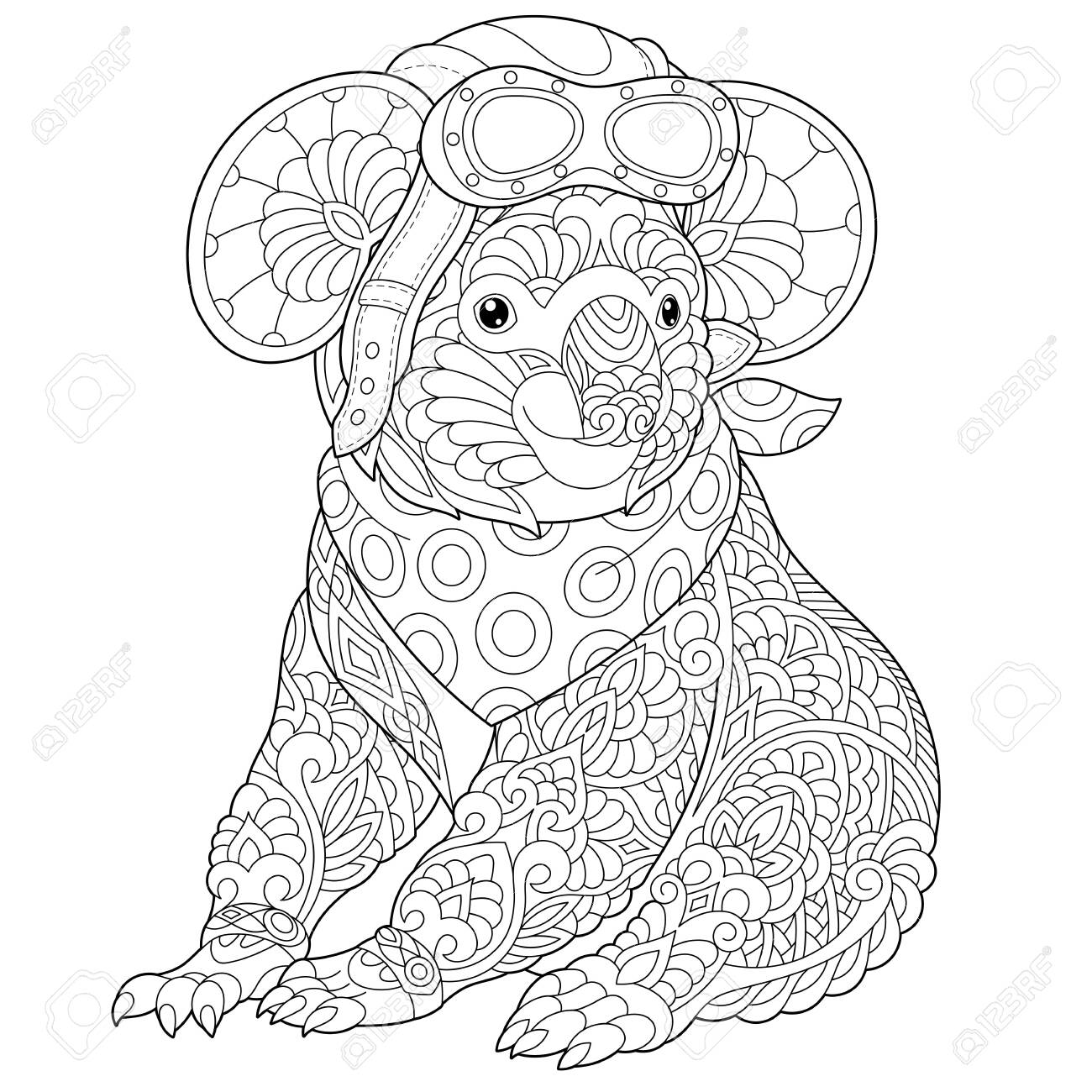 Monochrome colouring picture with retro pilot koala bear freehand coloring page with doodle royalty free svg cliparts vectors and stock illustration image